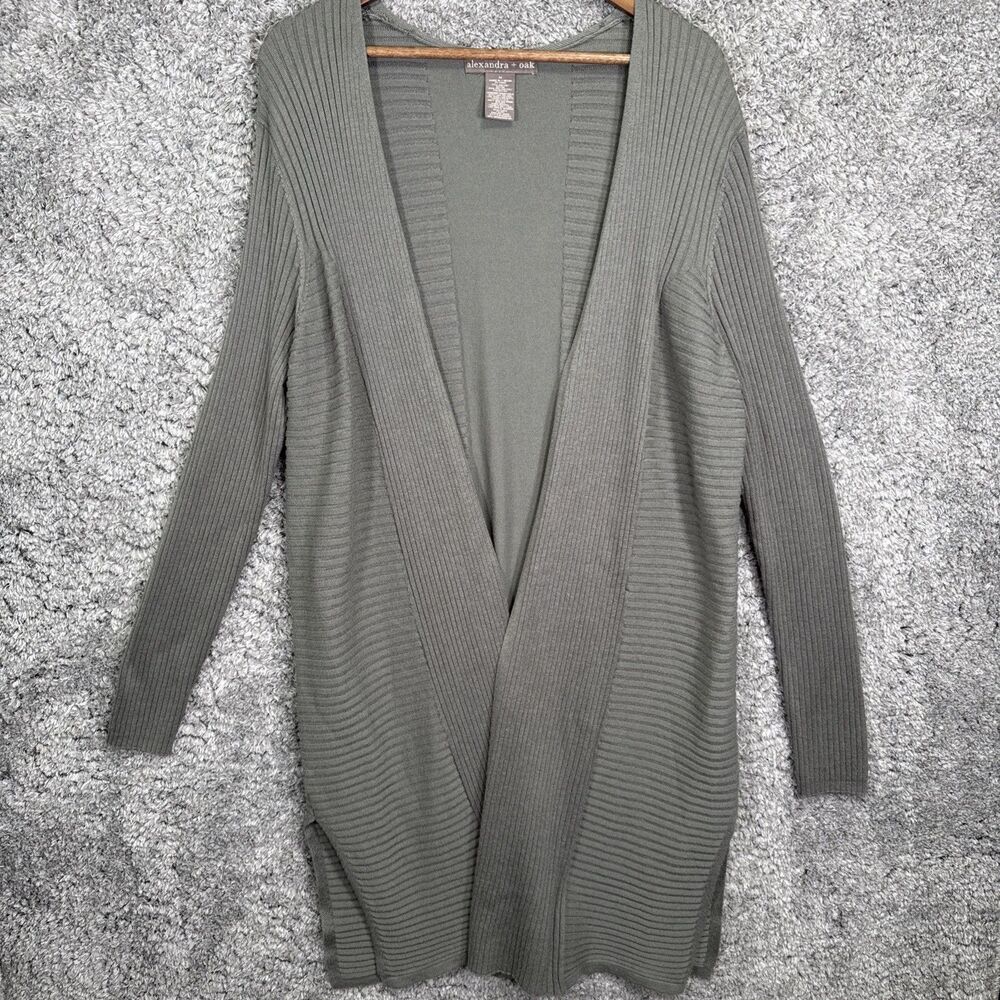 Alexandra + Oak Longline Duster Cardigan Sweater Ribbed Green Lightweight Medium
